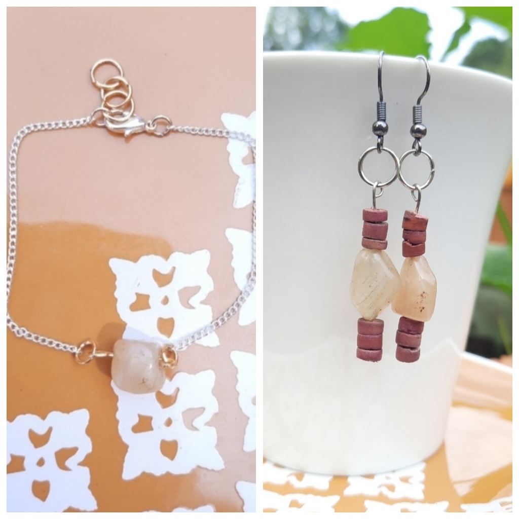 Yellow Aventurine Stone Dusty Rose Wood Earrings & Simple Stone Bracelet Bundle